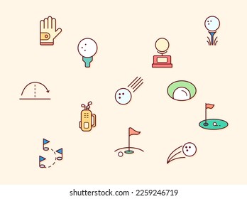 Ilustración vectorial de un elemento de golf. Contiene como deporte, bola, campo, palo, guante, carrito, paraguas, bandera y más. Dibujo de línea de estilo de ilustración plana y color beige de fondo.