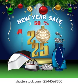 Vector illustration of golf equipment discounted to celebrate the new year 2025.