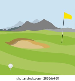 Vector illustration of golf field, ball and flag with mountain landscape. Golf course. 