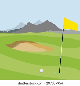 Vector illustration of golf field, ball and flag with mountain landscape. Golf course.