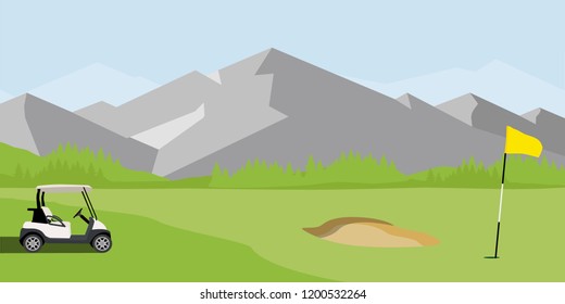 Vector illustration of golf field, flag and cart with blue clubs bag. Mountain landscape or background. Golf course.