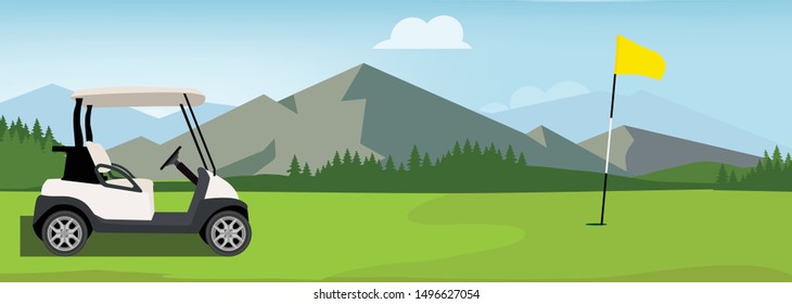 Vector illustration of golf field, flag and cart. Mountain landscape or background. Golf course.