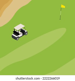 Vector illustration of golf field, flag and golf cart with blue golf clubs bag. Mountain landscape or background. Golf course.