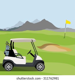 Vector illustration of golf field, golf flag and golf cart with blue golf clubs bag. Mountain landscape or background. Golf course.