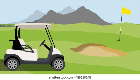Vector illustration of golf field, golf flag and golf cart with blue golf clubs bag. Mountain landscape or background. Golf course.