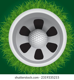 Vector illustration of a golf hole on the green with a golf ball in the hole.