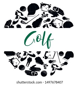 Vector illustration of Golf. Lettering. This illustration is for printing: postcard, poster, business card. For recreation, sports. Sports goods.