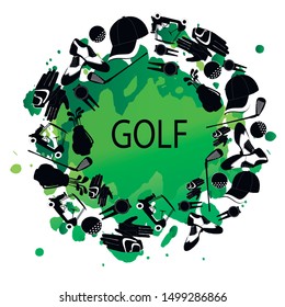 Vector illustration of Golf. Lettering. This illustration is for printing: postcard, poster, business card. For recreation, sports. Sports goods.