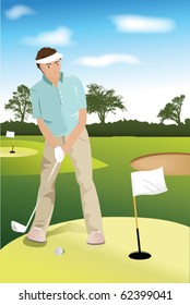 A vector illustration of a golf player trying to put the ball into the hole