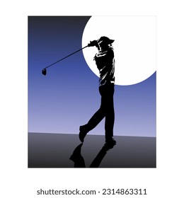Vector illustration of golf player under the moon, silhouette image.