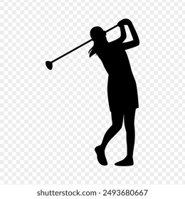 Vector illustration of golf player woman silhouette on transparent background