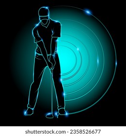 Vector illustration of golf in the style of neon lights. Black background.