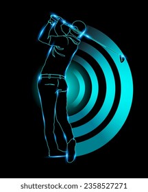 Vector illustration of golf in the style of neon lights. Black background.