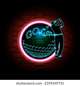 Vector illustration of golf in the style of neon lights. Black background.