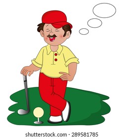 Vector illustration of golfer dreaming on golf course.