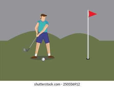 Vector illustration of a golfer holding golf club putting golf ball to a hole in golf course.