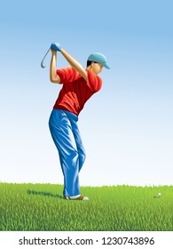 A vector illustration of a golfer on the tee in the middle of his backswing driving down the fairway
