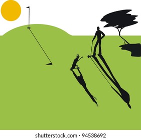 Vector illustration of golfer playing at sunset with long shadows