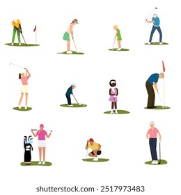 Uma ilustração vetorial de golfistas em poses diferentes jogando golfe