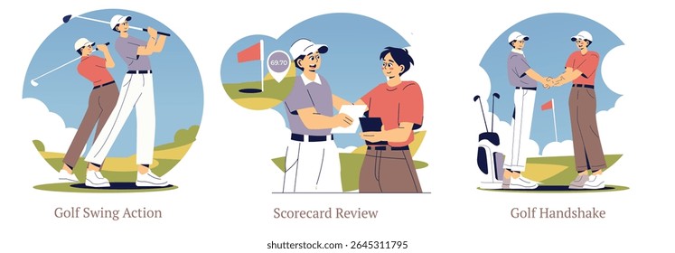 Ilustração vetorial de golfistas em vários cenários de golfe: execução de um swing, revisão de um scorecard, e apertar as mãos em uma exibição de espírito esportivo no campo.
