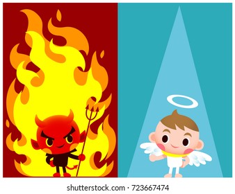 Vector illustration of good and bad, between angel and devil character.