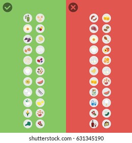 vector illustration of good and bad food combination for diet and healthy nutrition concepts