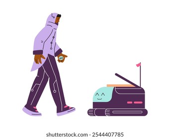 Vector illustration of a good delivery robot delivering food to a young man dressed in futuristic clothes. Graphics of technology and artificial intelligence