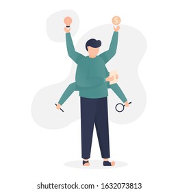 Vector illustration, good employee concept. quick, smart, responsible, multitalent employees. employee with six hands. paper, magnifying glass, lamps, coins, pencils. Can be used for, landing pages.