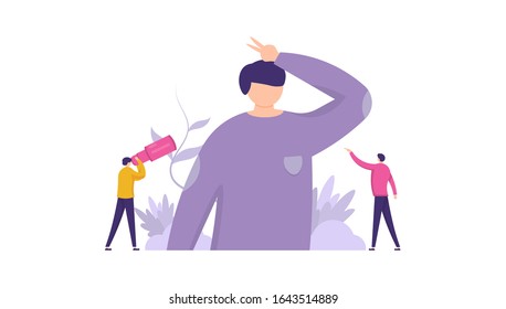 Vector illustration, good employee concept. fast, smart, responsible workers. the best employee. Little people are choosing new employees. Can be used for, landing pages, templates, UI, web.