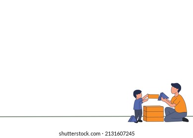 vector illustration of good father concept. father and son playing with blocks. fatherhood, daddy's love flat design for presentation. bottom right object