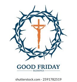 Vector illustration of Good Friday. Good Friday celebration poster design on white background. Happy Good Friday and Holy Week flyer design with text, crown of thorns and Christian Cross illustration.