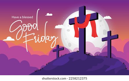 VECTOR ILLUSTRATION OF GOOD FRIDAY. Christian Cross on mountain