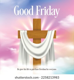 VECTOR ILLUSTRATION OF GOOD FRIDAY. Christian Cross in clouds with beautiful sky