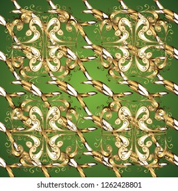 Vector illustration. Good for greeting card for birthday, invitation or banner. Gold on green and brown colors. Seamless medieval floral royal pattern. Decorative symmetry arabesque.