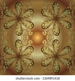 Vector illustration. Good for greeting card for birthday, invitation or banner. Gold on yellow and brown colors. Decorative symmetry arabesque. Seamless medieval floral royal pattern.