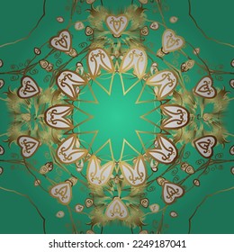 Vector illustration. Good for greeting card for birthday, invitation or banner. Gold on yellow, brown and green colors. Seamless medieval floral royal pattern. Decorative symmetry arabesque.