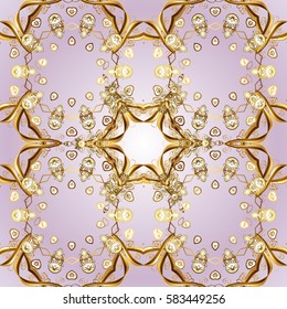 Vector illustration. Good for greeting card for birthday, invitation or banner. Seamless medieval floral royal pattern. Gold on violet background. Decorative symmetry arabesque.