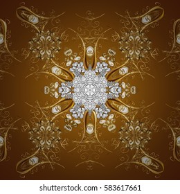 Vector illustration. Good for greeting card for birthday, invitation or banner. Seamless pattern medieval floral royal pattern. Gold on yellow background. Decorative symmetry arabesque.