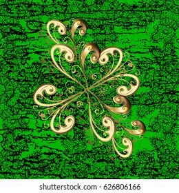 Vector illustration. Good for greeting card for birthday, invitation or banner. Pattern medieval floral royal pattern. Gold on green background. Decorative symmetry arabesque.