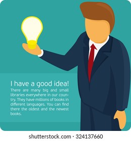 Vector illustration of a good idea. Brainstorm. Businessman describes his idea.