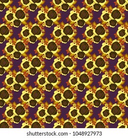 Vector illustration good for the interior design, printing, web and textile design. Seamless texture of floral ornament in yellow, gray and brown colors. Optical illusion with rose flowers and leaves.