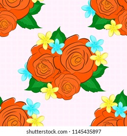 Vector illustration good for interior design, printing or textile design. Seamless texture of floral ornament in orange, green and yellow colors. Optical illusion with rose flowers and green leaves.