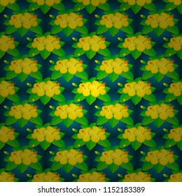 Vector illustration good for the interior design, printing, web and textile design. Seamless texture of floral ornament in blue, yellow and green colors. Optical illusion with hibiscus flowers.