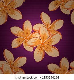 Vector illustration good for the interior design, printing, web and textile design. Seamless texture of floral ornament in orange, purple and beige colors. Optical illusion with plumeria flowers.