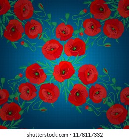 Vector illustration good for the interior design, printing, web and textile design. Seamless texture of floral ornament in red, green and blue colors. Optical illusion with poppy flowers.