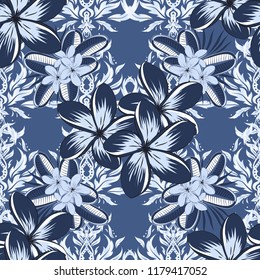 Vector illustration good for the interior design, printing, web and textile design. Seamless texture of floral ornament in gray, blue and violet colors. Optical illusion with plumeria flowers.