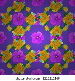 Vector illustration good for the interior design, printing, web and textile design. Seamless texture of floral ornament in green, violet and yellow colors. Optical illusion with cosmos flowers.