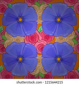 Vector illustration good for the interior design, printing, web and textile design. Seamless texture of floral ornament in pink, beige and violet colors. Optical illusion with cosmos flowers.