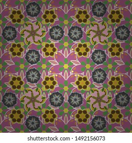 Vector illustration good for the interior design, printing, web and textile design. Optical illusion. Seamless texture of floral ornament in green, purple and brown colors.