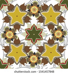Vector illustration good for the interior design, printing, web and textile design. Optical illusion. Seamless texture of floral ornament in yellow, white and brown colors.